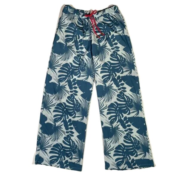 Quagga Green Label Tropical Print Lounge Pants Size M Teal Wide Leg High Rise - Picture 1 of 12